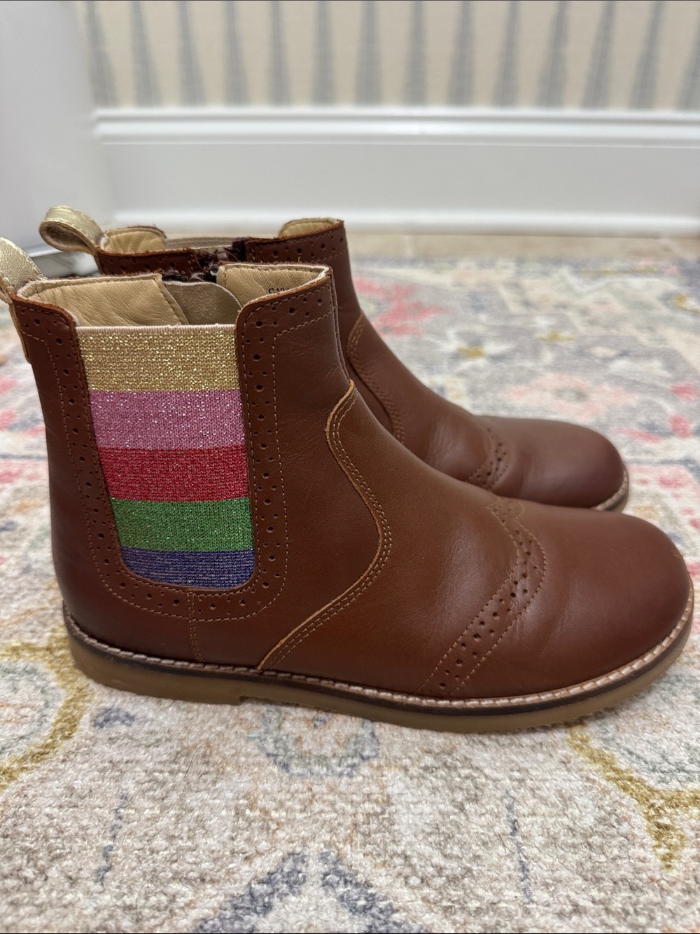 Mini Boden Brown Leather Chelsea Boots with Glitter Stripe Panel